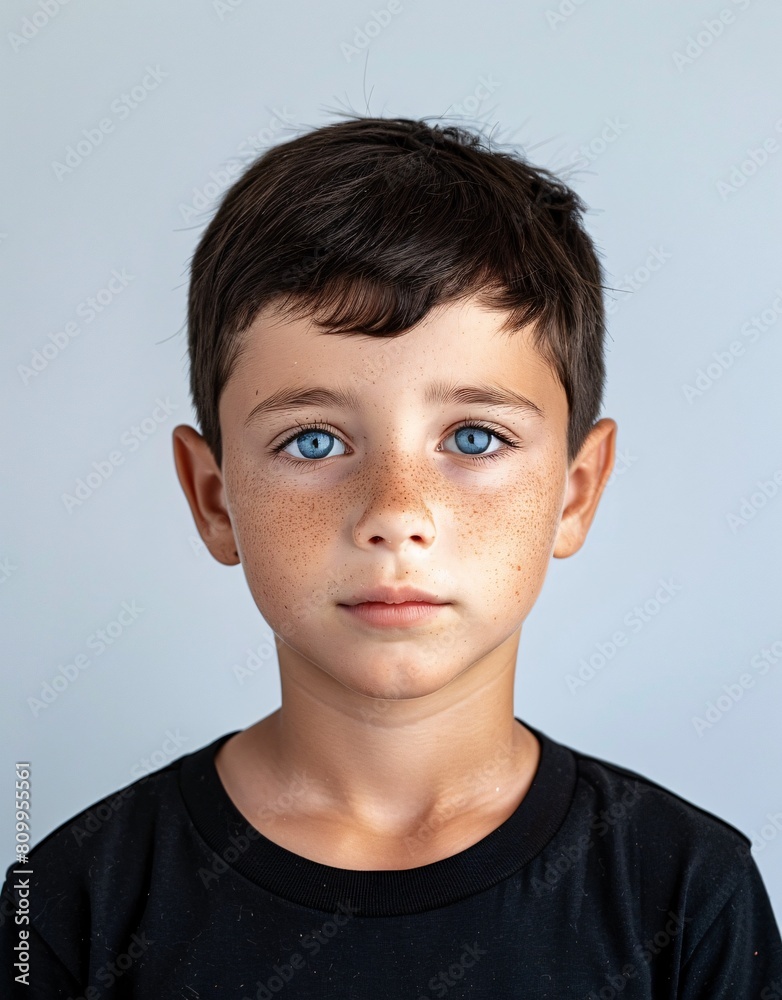 ID Photo for Passport : European child boy with straight short black hair and blue eyes, without glasses and wearing a black t-shirt ID Photo for Passport : European child boy with straight short black hair and blue eyes, without glasses and wearing a black t-shirt