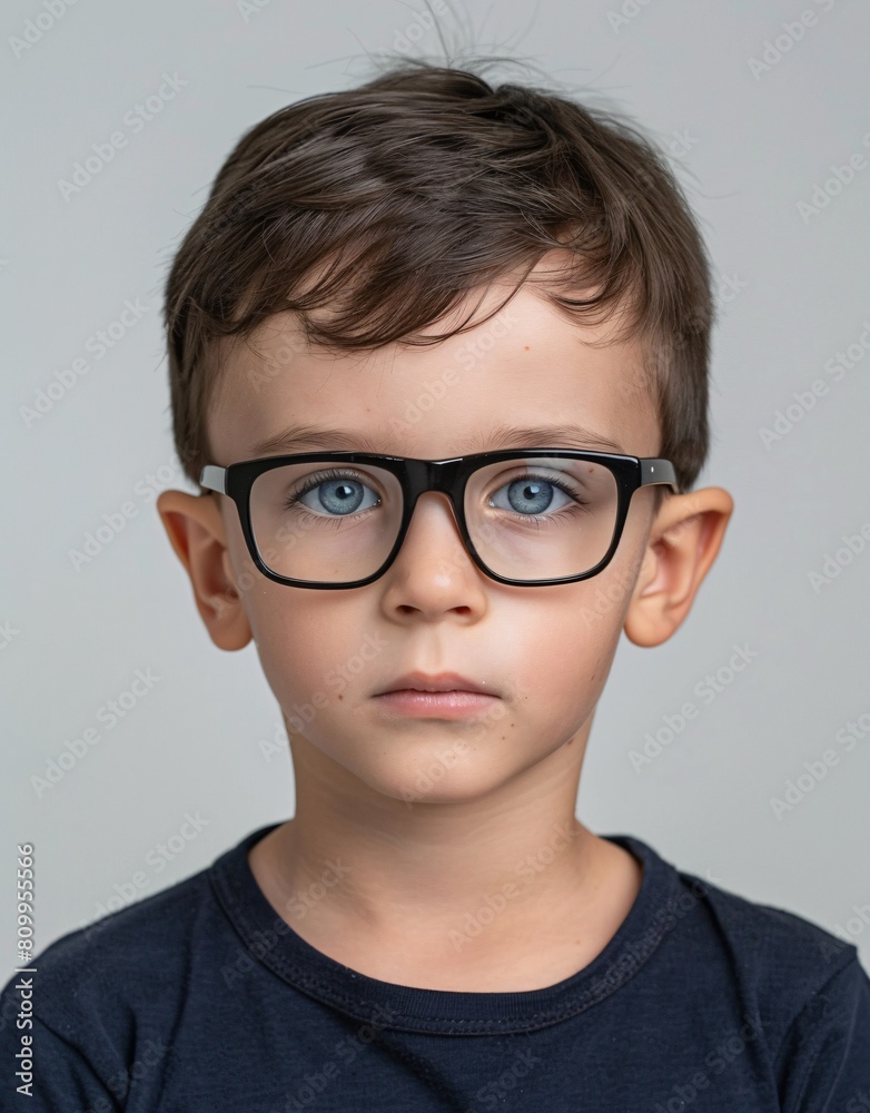 ID Photo for Passport : European child boy with straight short black hair and blue eyes, with glasses and wearing a navy t-shirt ID Photo for Passport : European child boy with straight short black hair and blue eyes, with glasses and wearing a navy t-shirt
