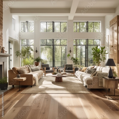 Nice livingroom design with nice big window view sofa, wooden flooring, warm floor rug