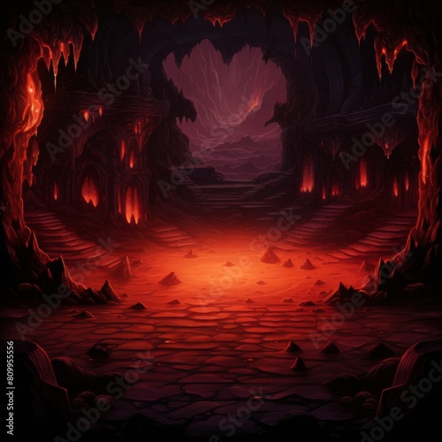 Stylized illustration of a cavernous volcanic throne room with molten lava, conveying an epic fantasy and mythical storytelling concept photo