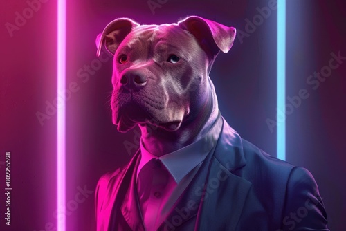 A dog dressed in a suit and tie standing in front of neon lights. Perfect for business and office concepts