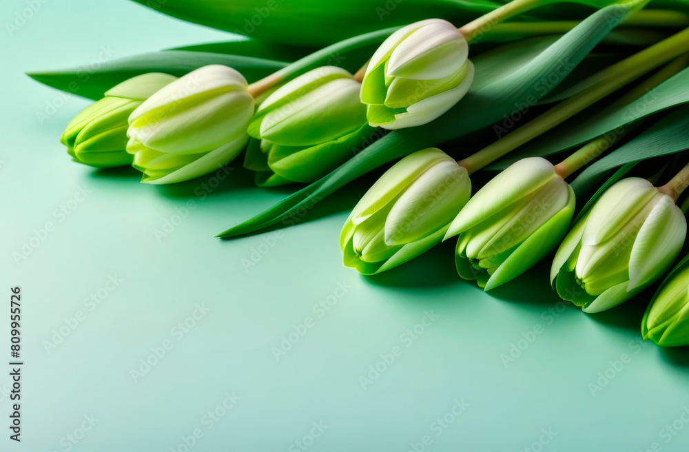 green tulips flowers on green background. Waiting for spring. Happy card with copy space. Flat lay, top view green tulips flowers on green background. Waiting for spring. Happy card with copy space. Flat lay, top view