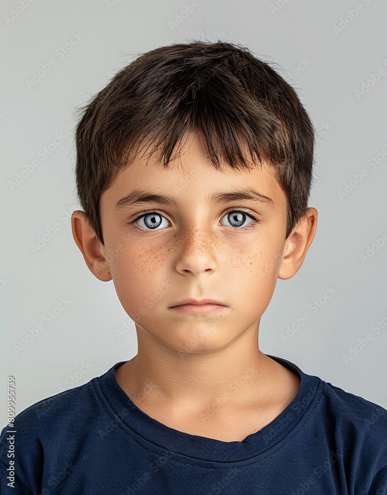 ID Photo for Passport : European child boy with straight short black hair and blue eyes, without glasses and wearing a navy t-shirt ID Photo for Passport : European child boy with straight short black hair and blue eyes, without glasses and wearing a navy t-shirt