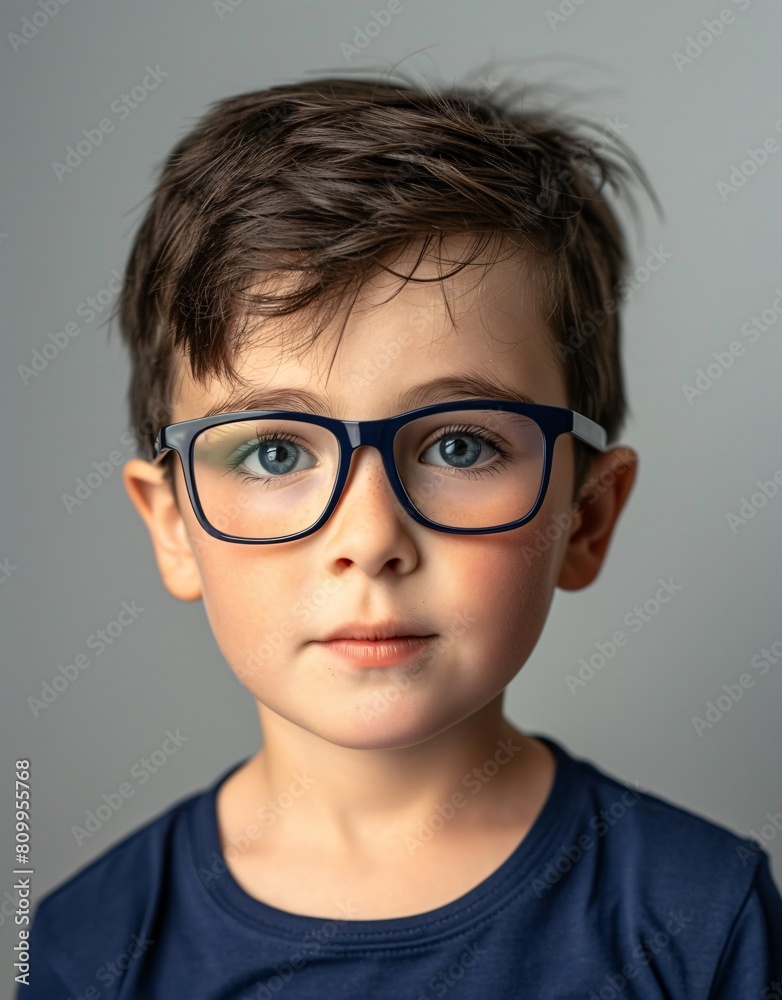 ID Photo for Passport : European child boy with straight short black hair and blue eyes, with glasses and wearing a navy t-shirt