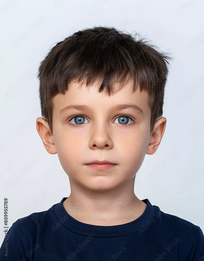 ID Photo for Passport : European child boy with straight short black hair and blue eyes, without glasses and wearing a navy t-shirt ID Photo for Passport : European child boy with straight short black hair and blue eyes, without glasses and wearing a navy t-shirt