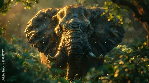 A majestic elephant, standing tall against a backdrop of lush greenery, its wrinkled skin and expressive eyes