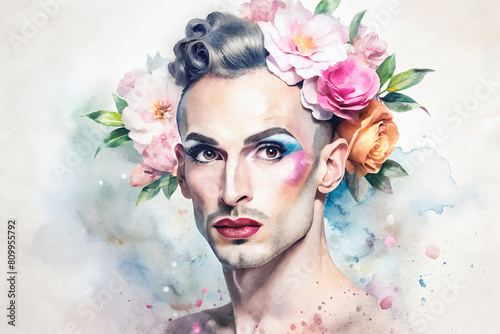 Pintura en acuarela de Drag Queen hombre con fondo de flores. Hombre sobre fondo de flores de colores.  photo
