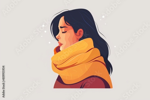 A woman blowing her nose with a scarf, useful for medical or cold-related content