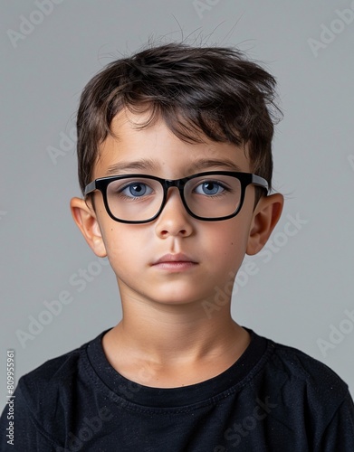 ID Photo for Passport   European child boy with straight short black hair and blue eyes  with glasses and wearing a black t-shirt