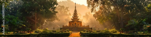 Golden Splendor of Wat Phra That Si Chom Thong Radiant Chedi Amidst Lush Garden Enchants Visitors
