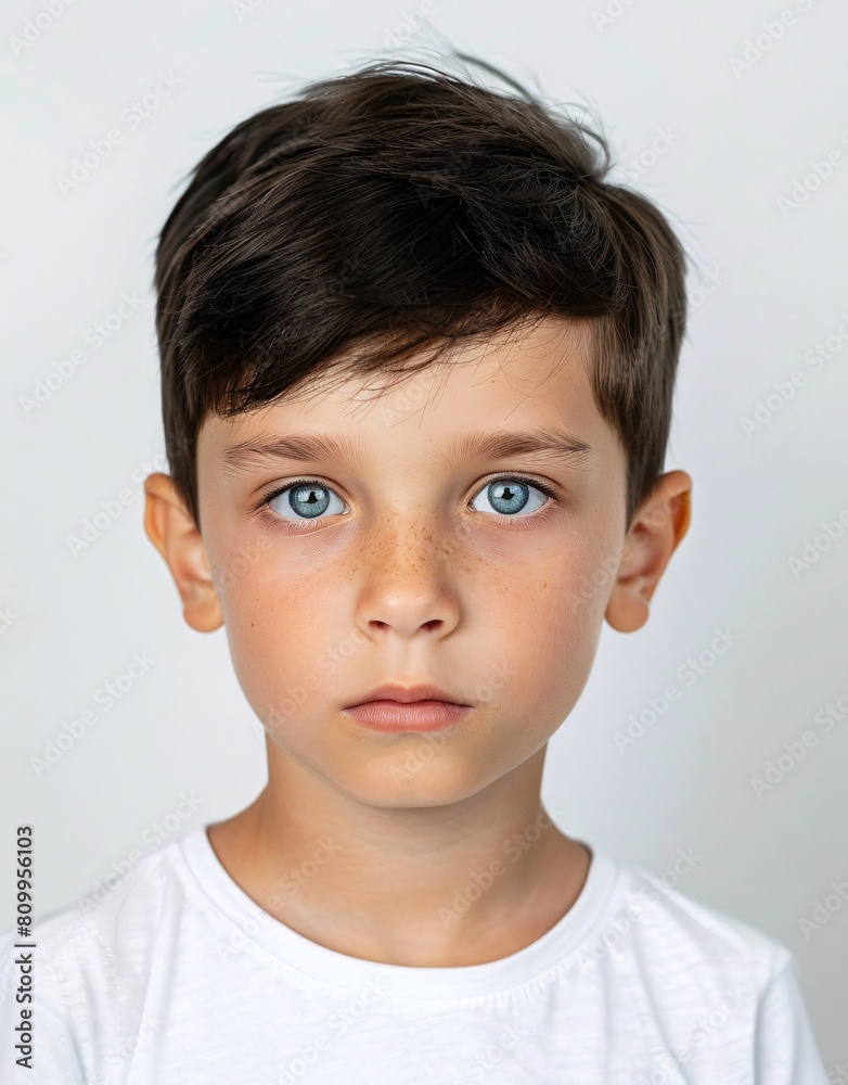 ID Photo for Passport : European child boy with straight short black hair and blue eyes, without glasses and wearing a white t-shirt ID Photo for Passport : European child boy with straight short black hair and blue eyes, without glasses and wearing a white t-shirt