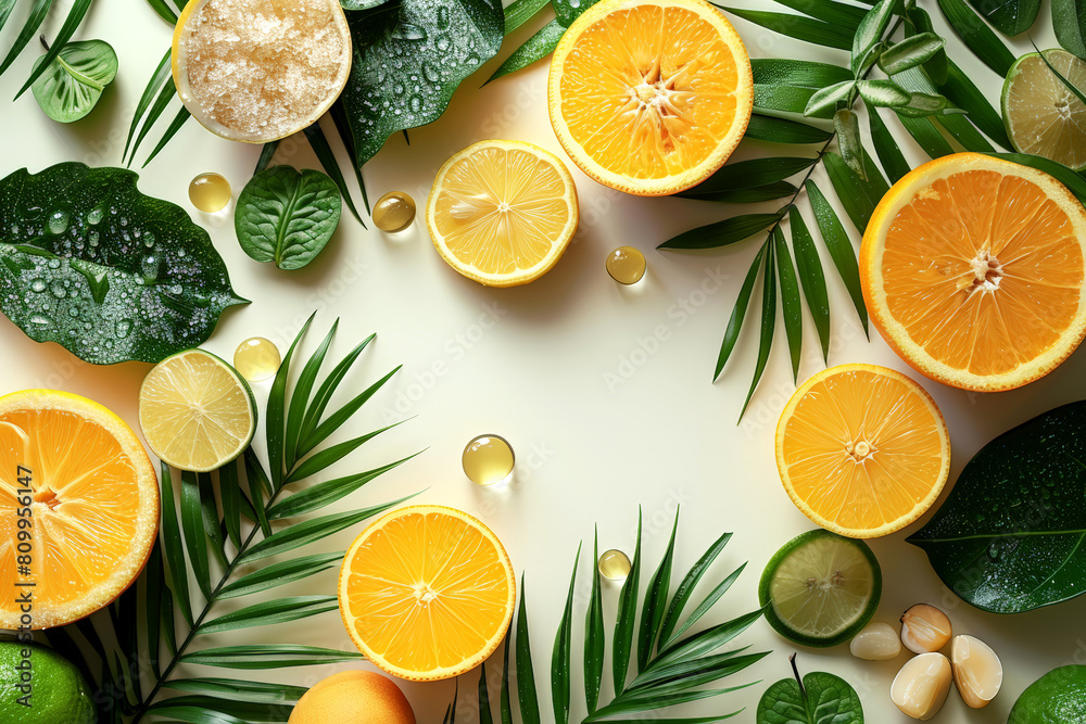 Citrus arrangement with sliced oranges and lemons among fresh leaves on a white background, ideal for healthy lifestyle themes. Citrus arrangement with sliced oranges and lemons among fresh leaves on a white background, ideal for healthy lifestyle themes.