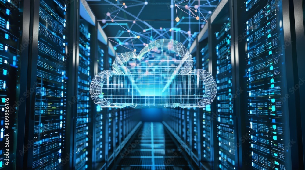 A wireframe cloud morphing into a server rack outline, symbolizing the transition to cloud computing A wireframe cloud morphing into a server rack outline, symbolizing the transition to cloud computing