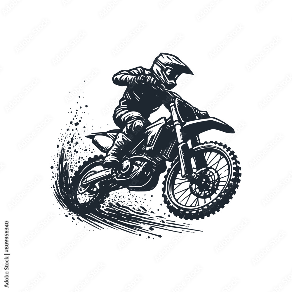  The motocross motor cycle. Black white vector logo illustration.

