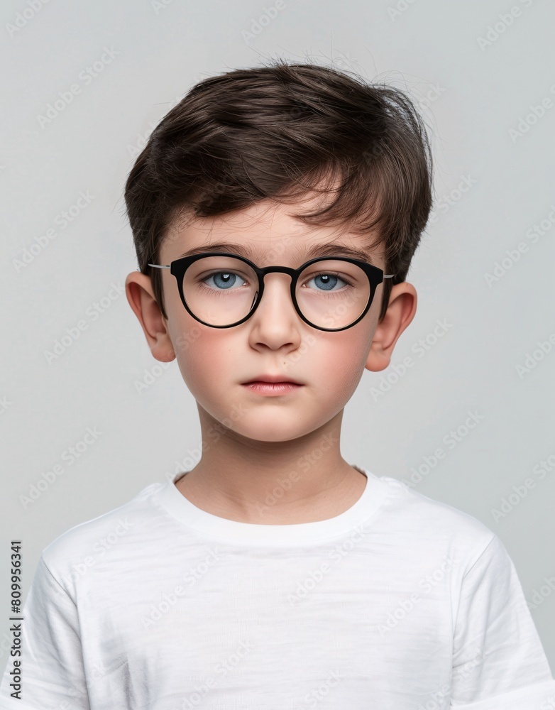 ID Photo for Passport : European child boy with straight short black hair and blue eyes, with glasses and wearing a white t-shirt