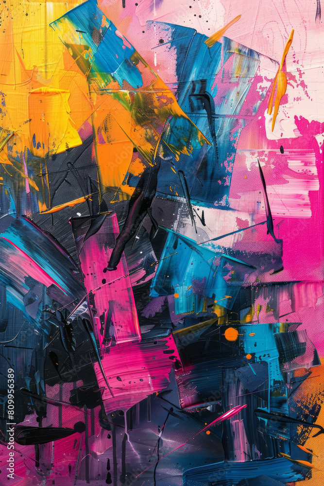 Obraz premium Abstract expressionist painting with a chaotic gradient and sharp, angular lines cutting through,