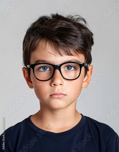 ID Photo for Passport : European child boy with straight short black hair and blue eyes, with glasses and wearing a navy t-shirt