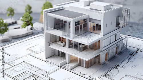 The blueprints on the sheet turn into a modern building. The designs on the blueprint evolve into a contemporary structure.