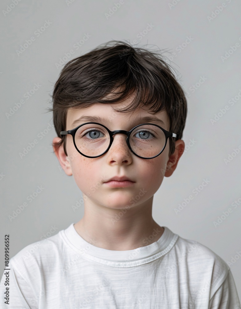 ID Photo for Passport : European child boy with straight short black hair and blue eyes, with glasses and wearing a white t-shirt