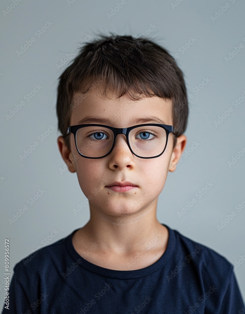 ID Photo for Passport : European child boy with straight short black hair and blue eyes, with glasses and wearing a navy t-shir ID Photo for Passport : European child boy with straight short black hair and blue eyes, with glasses and wearing a navy t-shir