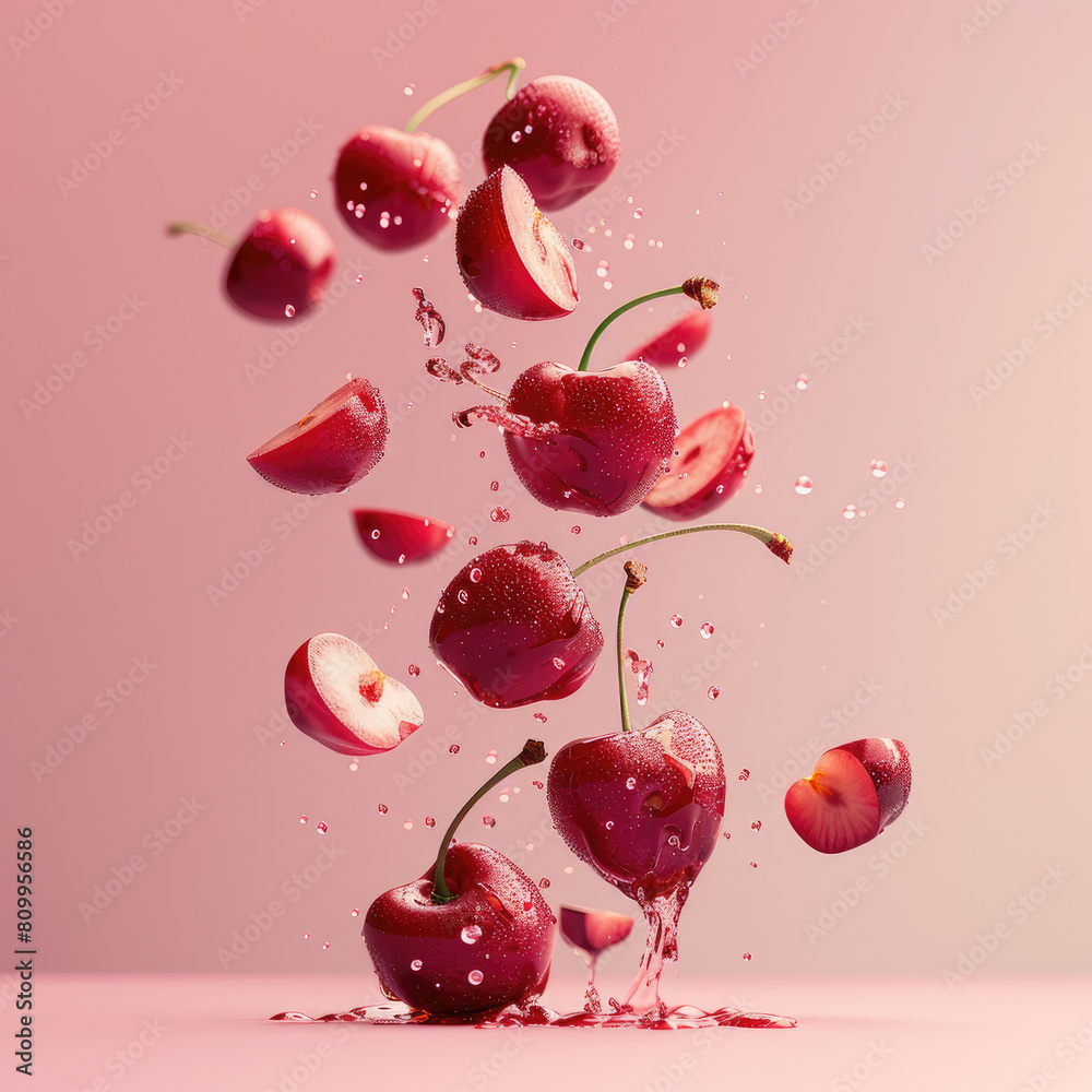 Fototapeta premium A close up of cherries with water droplets falling from them. The cherries are in various stages of being eaten, with some already cut in half. Concept of freshness and vitality
