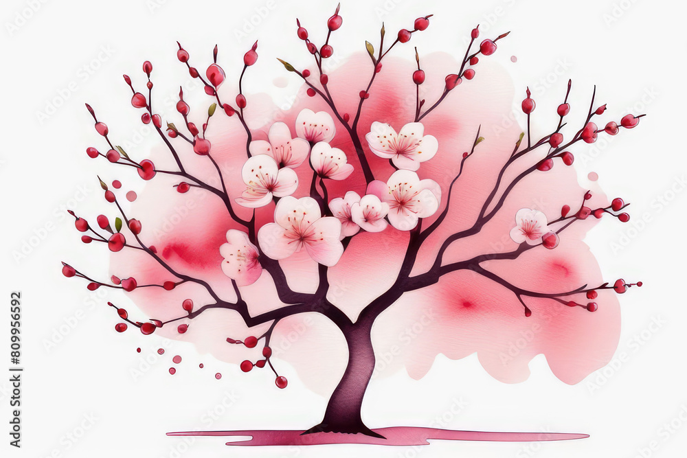 Tree colorful blossom foliage in varying shades, representing season spring, isolated on white background in watercolor style.