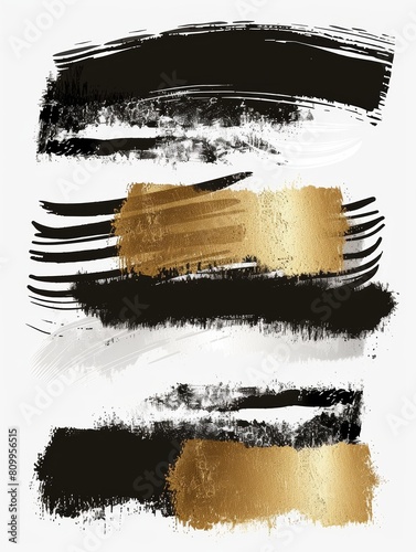Abstract golden and black brush strokes create dynamic patterns on a plain white background