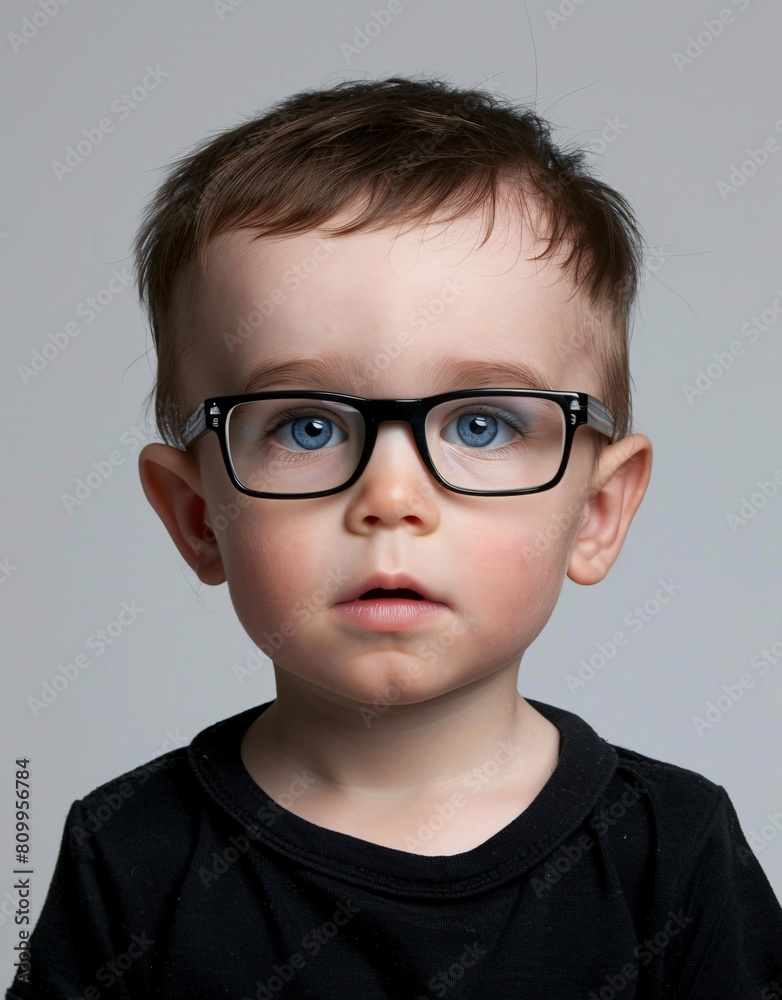 ID Photo for Passport : European baby boy with straight short black hair and blue eyes, with glasses and wearing a black t-shirt