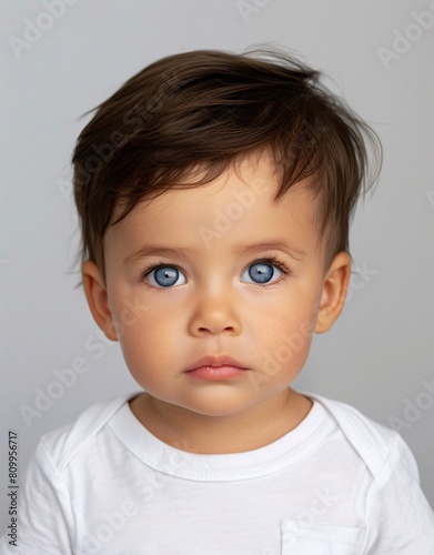 ID Photo for Passport   European baby boy with straight short black hair and blue eyes  without glasses and wearing a white t-shirt