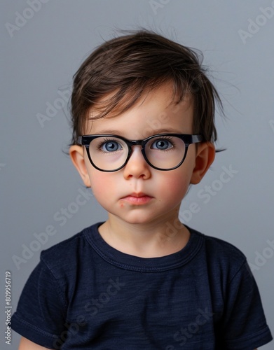 ID Photo for Passport   European baby boy with straight short black hair and blue eyes  with glasses and wearing a navy t-shirt