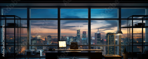 Modern Office Space Overlooking Sunset Cityscape