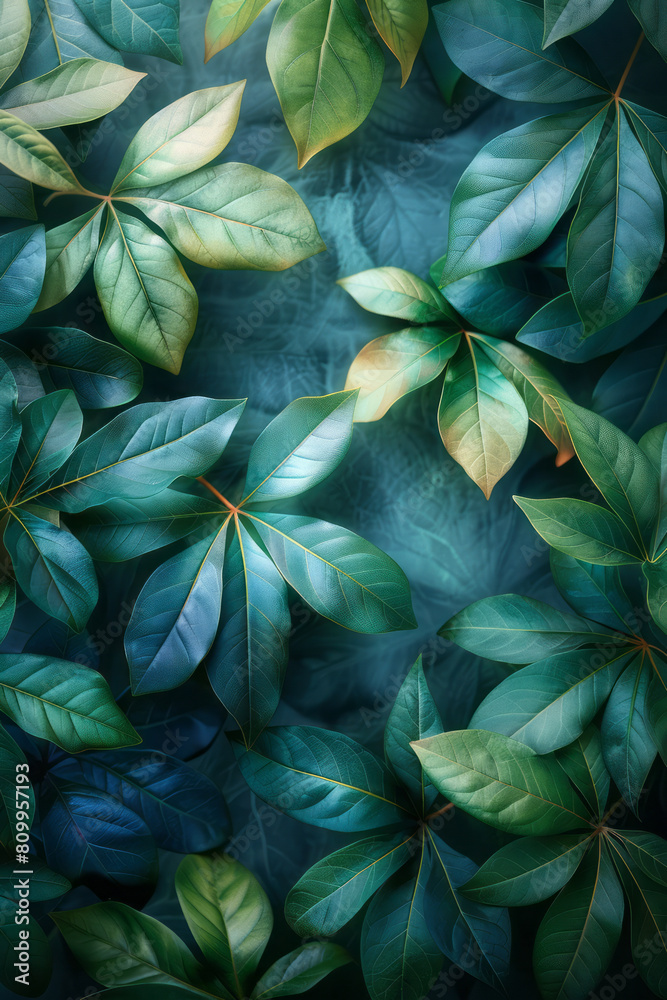 Modern textile pattern with a green to blue gradient background and scattered tropical leaves for a lush feel,