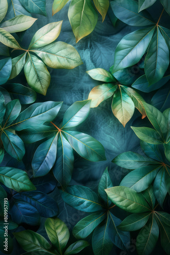 Modern textile pattern with a green to blue gradient background and scattered tropical leaves for a lush feel 