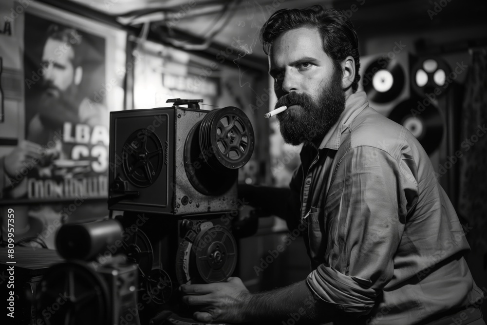 man standing near a film projector in the room projectionist man standing near a film projector in the room projectionist