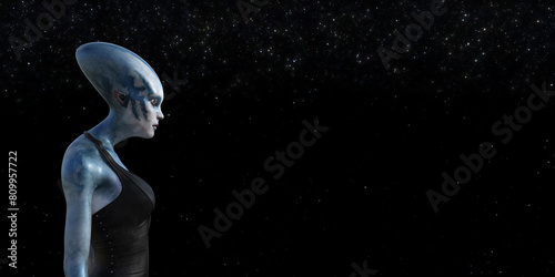 Illustration of a female alien with a large elongated skull side view looking into the distance with stars and space in the background.