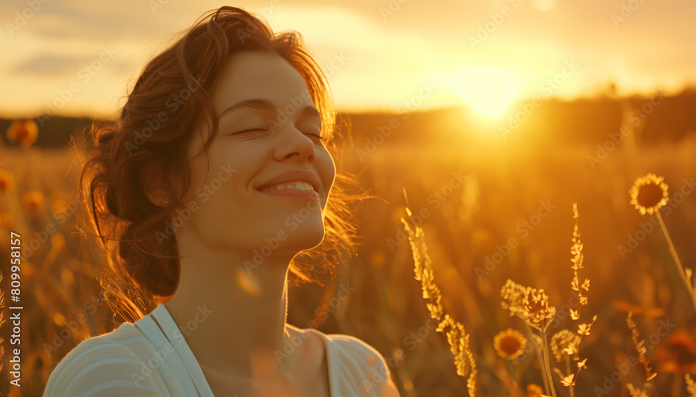 In the backlit portrait, we see a relaxed, smiling woman who, with her eyes closed, enjoys a moment of life in the fields during sunset, exuding peace and joy. In the backlit portrait, we see a relaxed, smiling woman who, with her eyes closed, enjoys a moment of life in the fields during sunset, exuding peace and joy.