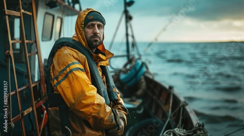 Confident fisherman standing on fishing boat