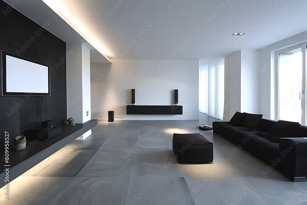 Fototapeta premium Minimalist Contemporary Living Area Exuding Elegance Through Black and White Design and Projection Surface Wall