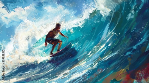 A painting depicting a man skillfully riding a wave on a surfboard, showcasing his balance and agility on the water. © Prostock-studio