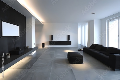 Minimalist Contemporary Living Area Exuding Elegance Through Black and White Design and Projection Surface Wall