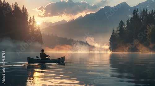 Fisherman paddles canoe across tranquil mtn lake © amonrat