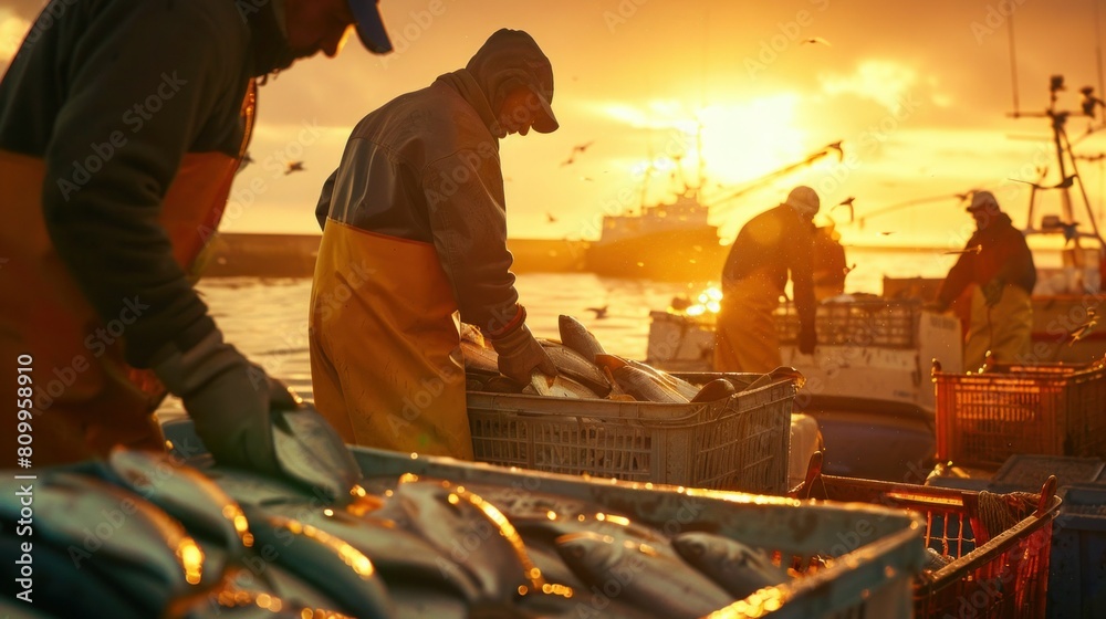 Fishermen arranging fish in crates Fishermen arranging fish in crates