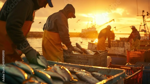 Fishermen arranging fish in crates