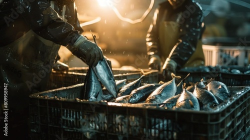 Fishermen arranging fish in crates