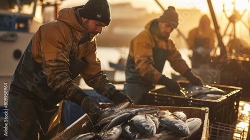 Fishermen arranging fish in crates