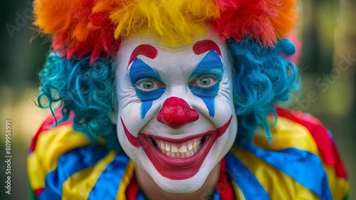 A person embodying fantasy beauty with colorful, fun clown makeup, vibrant fashion, and a radiant smile
