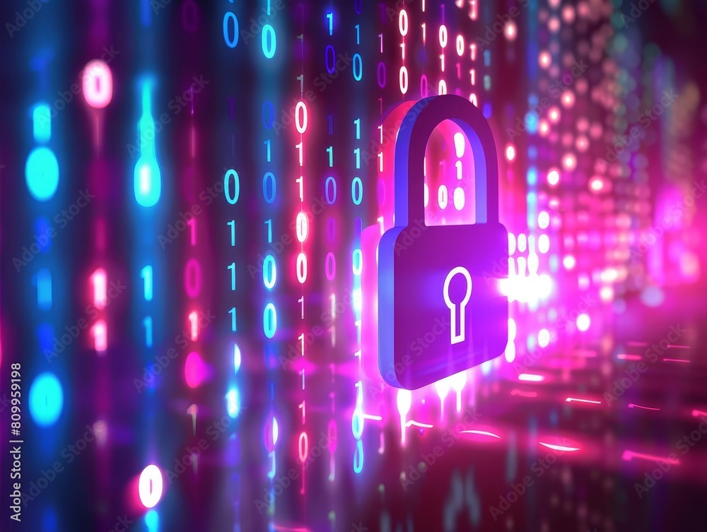 An abstract illustration of a digital padlock over a matrix of binary code An abstract illustration of a digital padlock over a matrix of binary code