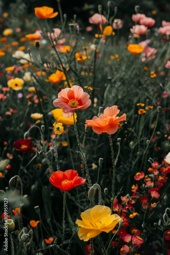 Close-up image of poppies and wildflowers in a spring meadow.