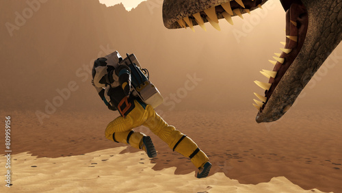 Illustration of a running astronaut on a flat sandy surface away from the jaws of a large dragon on an alien world.