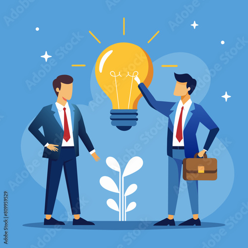 Vector illustration of Businessman  thinking and coming up with a brilliant idea with a light bulb shining brightly 